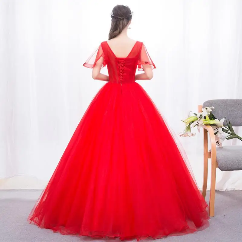 Vestido De quinceañeras rojo, traje clásico con cuello en V, elegante hasta el suelo, encaje Floral, talla grande, hecho a medida