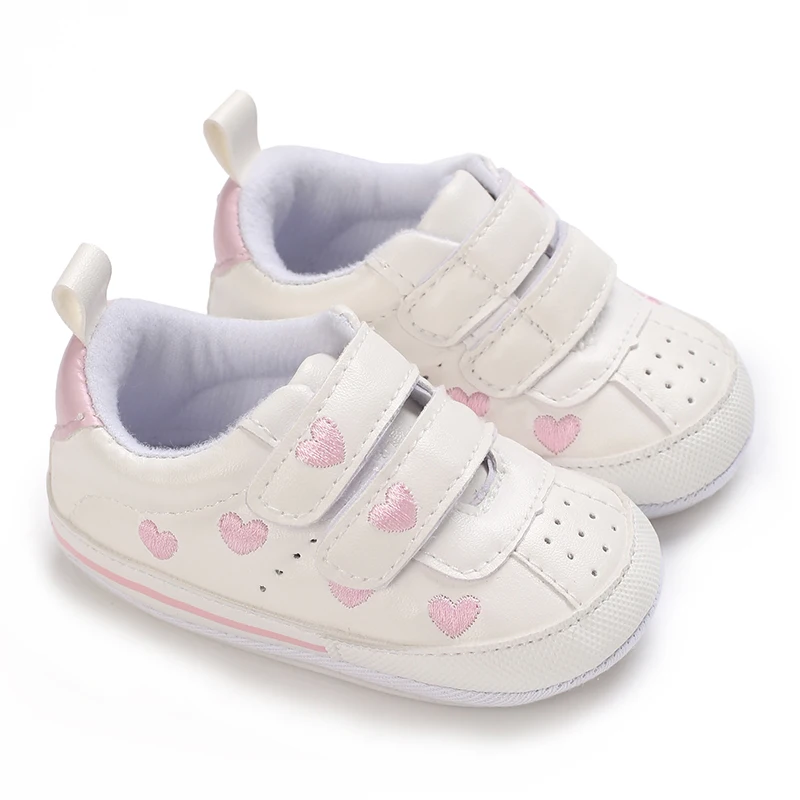 0-1Year Baby White PU Sneaker Rubber Non-slip for Toddler Boys and Girls Cute Embroidery Stars and Hearts