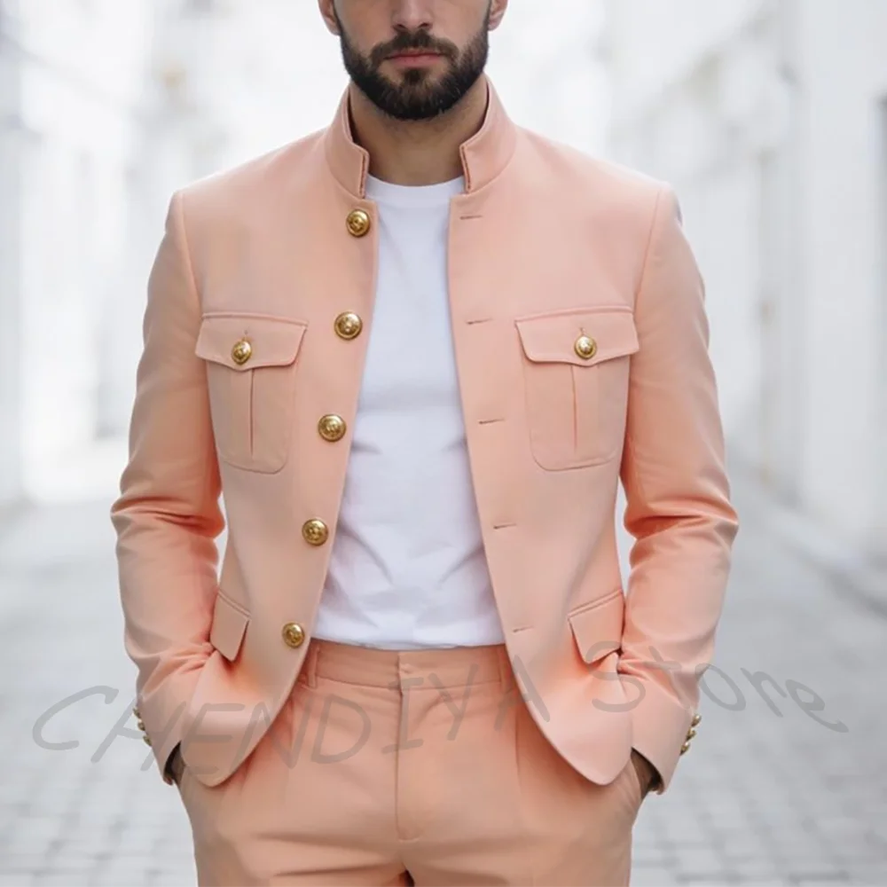 Hot Sale Multi Pockets Men's Suit Classic Single Breasted Stand Collar Smart Casual Fashion Male Clothing Two Pieces Set