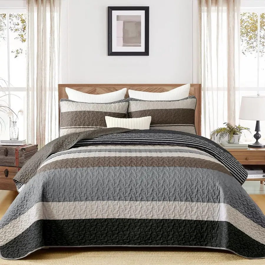 

Комплект постельного белья в стиле бохо, коричневый в полоску, черный лоскутный дизайн, 3 предмета, легкое покрывало из микрофибры с 2 подушками