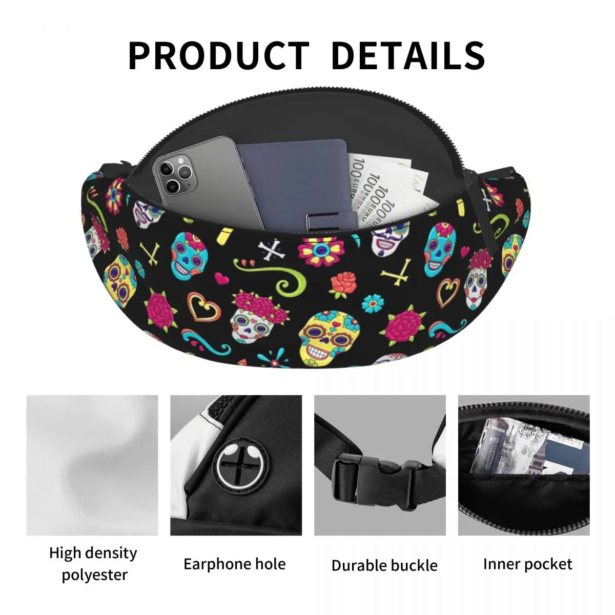 Sugar Skull Pattern Fanny Pack Women Men Custom Mexican Crossbody Waist Bag for Traveling Phone Money Pouch