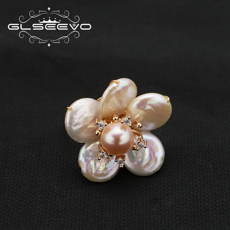 GLSEEVO Natural Freshwater Pearls Flowers Ring For Woman 2022 New Design Fashion Luxury Designer Jewelry Valentine's Day Gifts