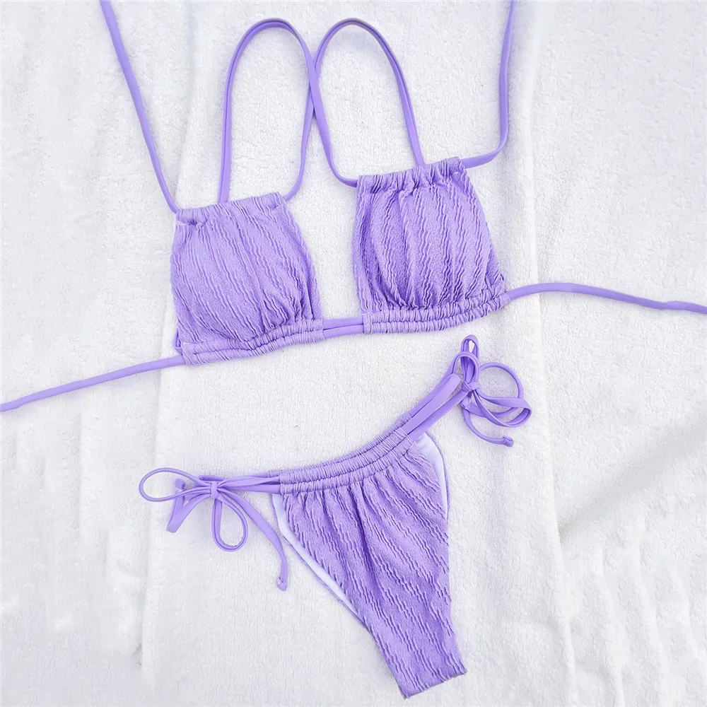 Bikini Set Sexy Purple Cross String Halter Micro Thong Swimsuit Women Ribbed Swimwear Lace-up Bathing Suit Mini Bikini Biquinis