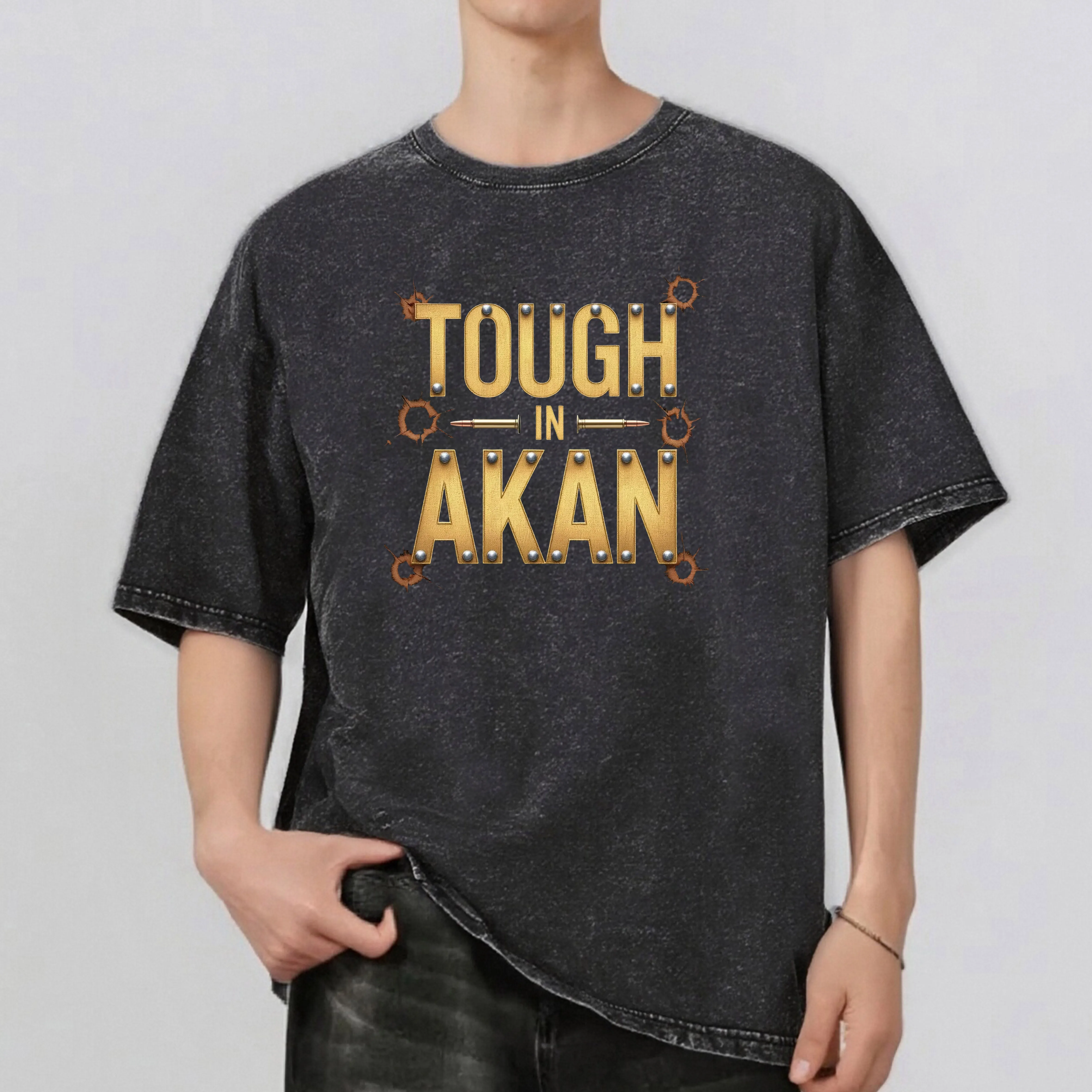 قاسية AKAN نمط Rint الرجال الصيف ريترو ستايل غسلها المياه تي شيرت عادية قصيرة الأكمام الأساسية الرجال أعلى 230 جرام #1