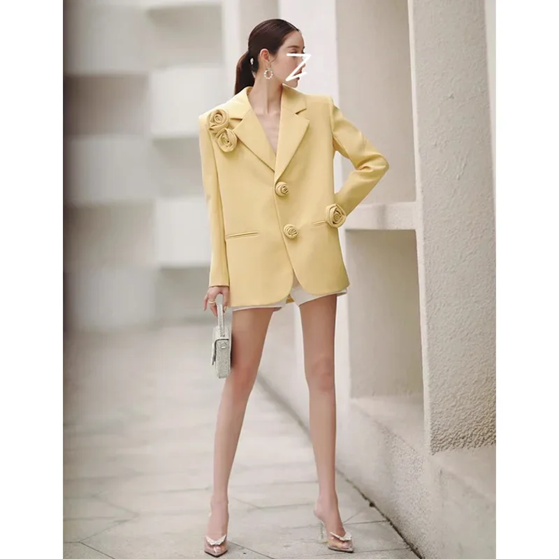 Elegante dolce 3D fiori giallo giacca da donna 2022 autunno inverno nuovi vestiti allentati ufficio giacca sportiva da donna cappotto capispalla Top