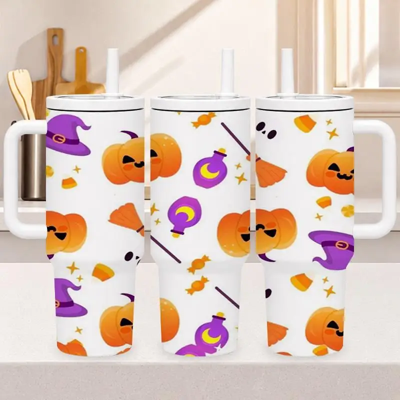 1pc 40Oz 304 Stainless Steel Handheld Cup Cute for Halloween Pumpkin Witch Hat Broom Candy Pattern Insulated Tumbler with Handle And Straw for Home Office Travel Outdoor Suitable Gifts for Halloween Christmas And Other Special Festivals
