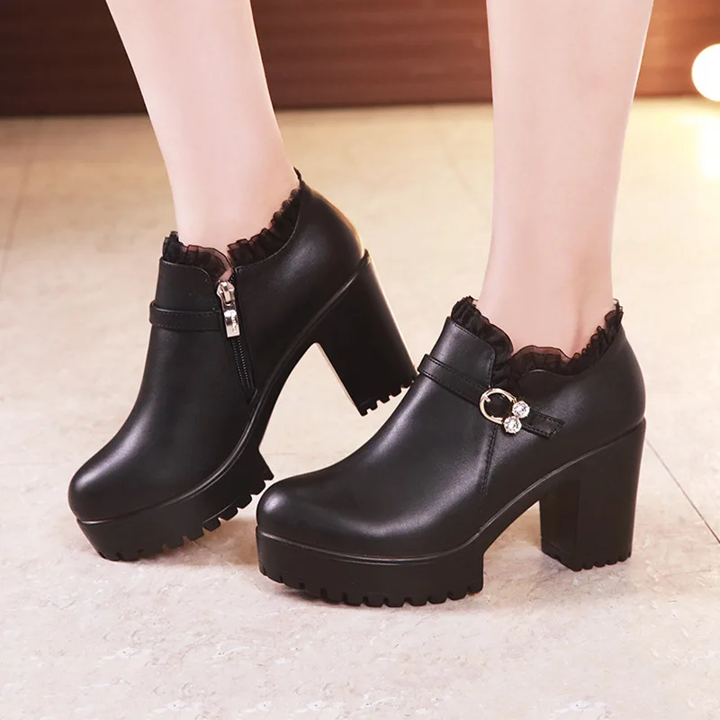 high quality leather shoe for women 8cm high heel platform point toe 32 33 43 elegant and fashion autumn winter shoe black