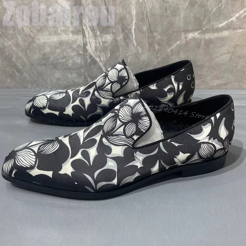 플로럴 프린트 스퀘어 토 로우탑 남성 로퍼 패션 슬립온 남성 신발 명품 수제 파티 연회 데이트 남성 드레스 슈즈