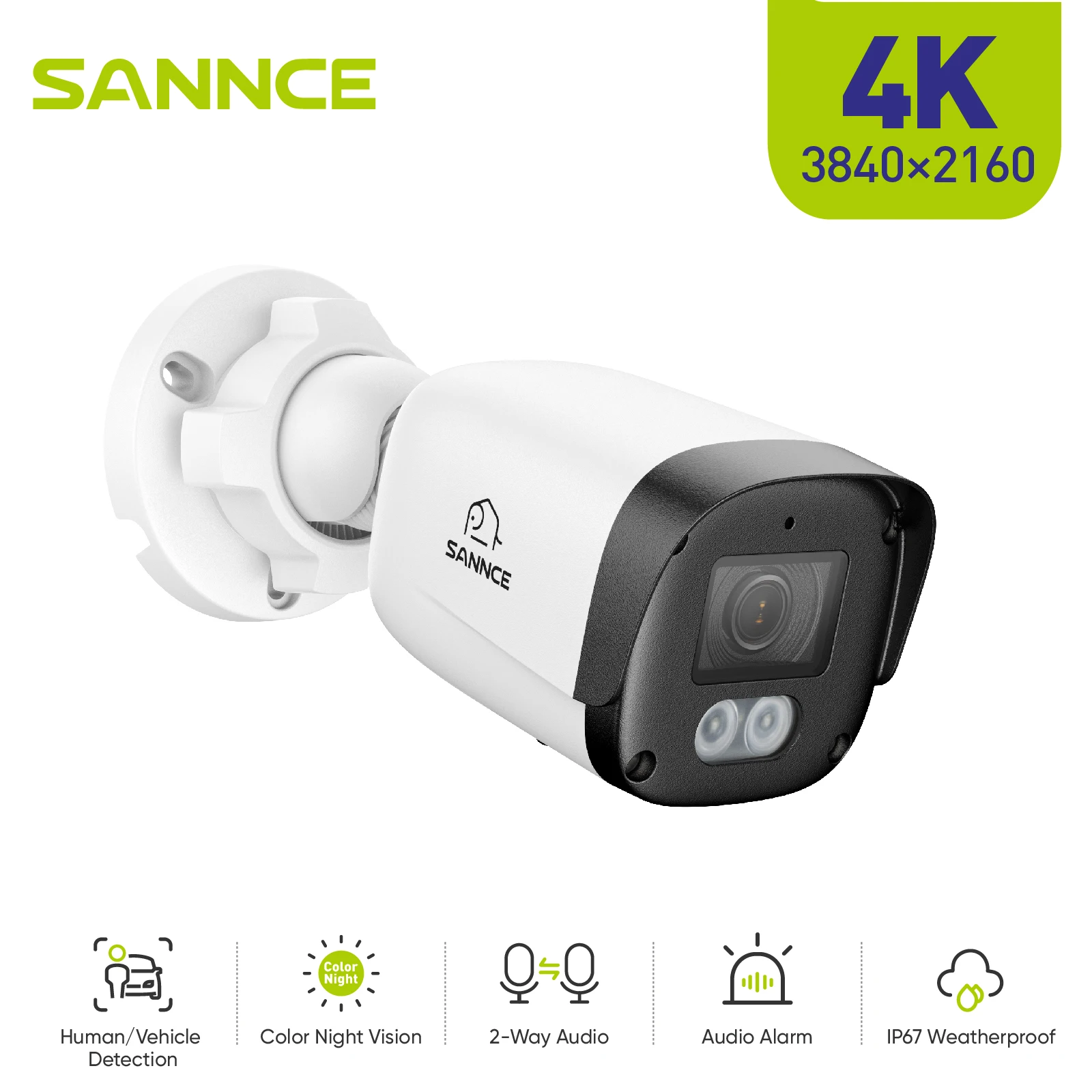 Kamera zewnętrzna SANNCE 8MP PoE, kamera IP 4K UHD typu bullet z dwukierunkowym audio, detekcją AI osób i pojazdów, inteligentnym, kolorowym trybem nocnym z podwójnym oświetleniem, slotem na kartę SD