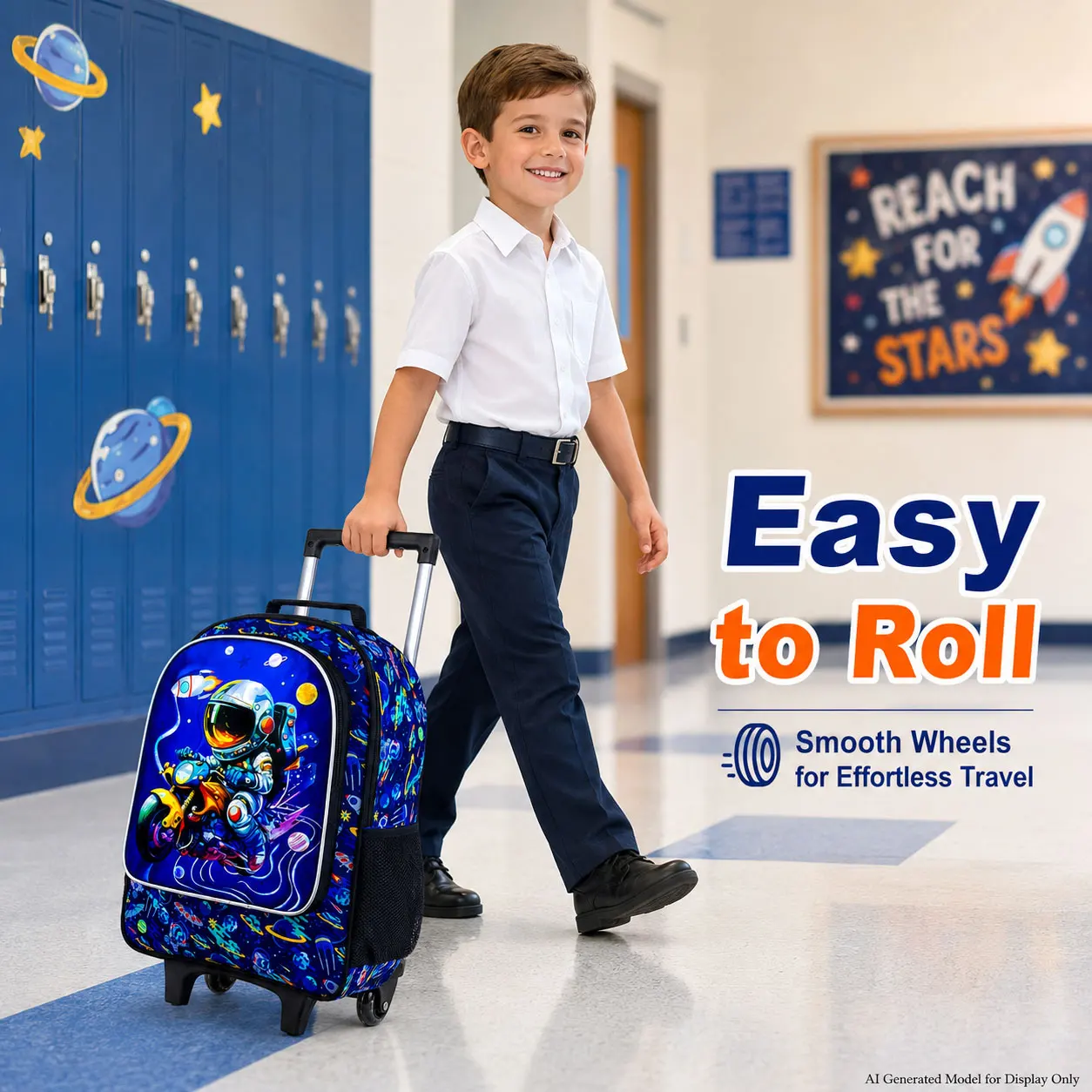 Kid's rolling backpack 3PCS Set, One Rolling Backpack + Handbag + Pencil Case, Space Astronaut Print, Large Capacity.
