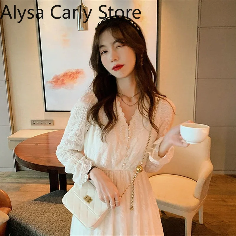 2022 Spring Lace Vintage Fairy Dress Women Elegant Flare Sleeve Korean Party Midi Dress Casual Office Lady Slim Y2k Kawaii Dress