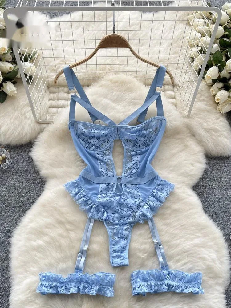 

Women Erotic Sexy Lace Rompers Sleeveless Backless Slim Short Playsuit Transparent Underwear Hollow Out Mesh Bodysuits