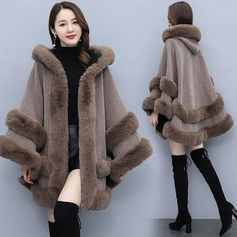 Fashion Faux Rex Rabbit Fur Capes Shawl Long Knit Poncho Coats Wraps  Pashmina Cloak Women Winter New Cape Mujer Casacos E559