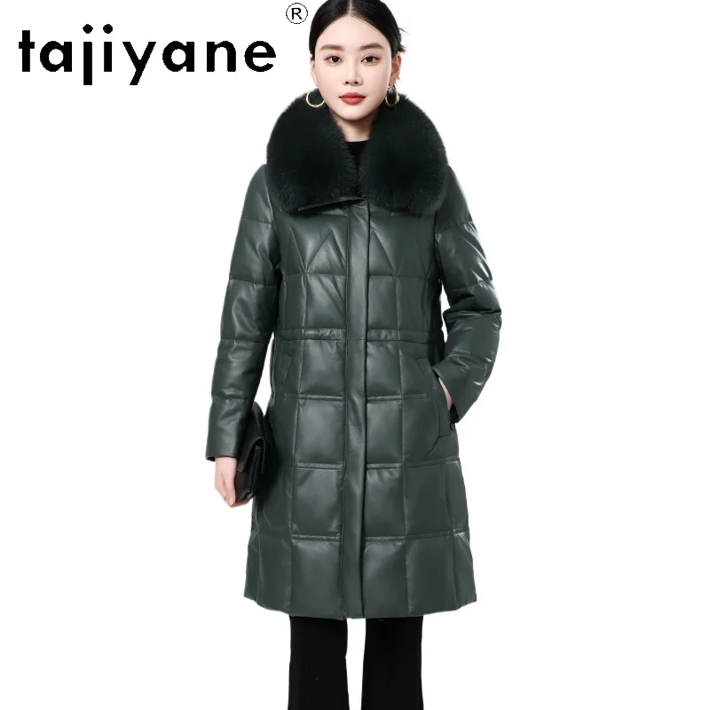 TAJIYANE 100% الطبقة العليا جلد الغنم أسفل معطف امرأة الأخضر جلد طبيعي طويل سترة منفوخة الثعلب الفراء طوق 2025 الملابس الشتوية