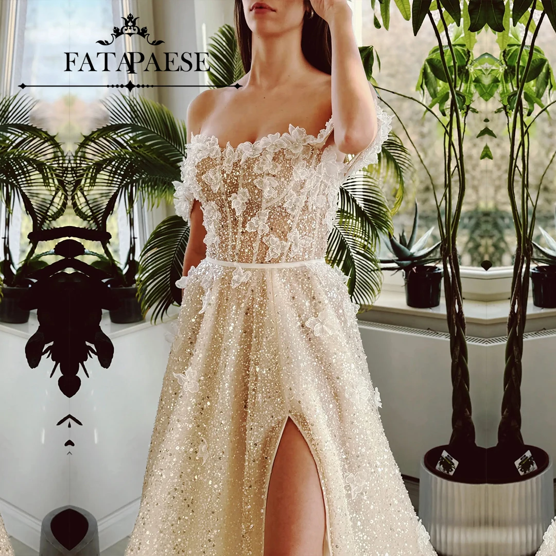 

FATAPAESE Stunning Glitter Fabric with 3D Flowers Wedding Dress CarmenSleeves and Leg slit Long Tail Luxury Bridal WeddingGow