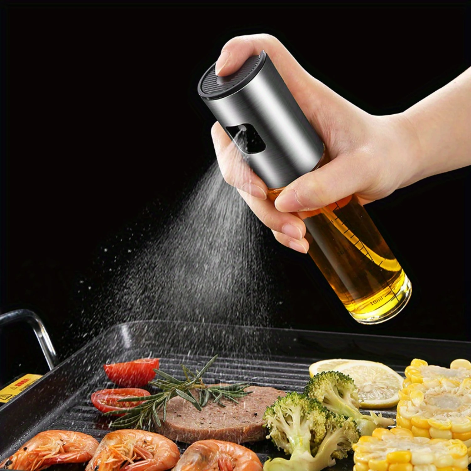 Stainless Steel Oil Sprayer Bottle - Leak-Proof, Press-to-Mist for BBQ & Kitchen Use, Glass Olive Oil Dispenser with Vinegar Opt