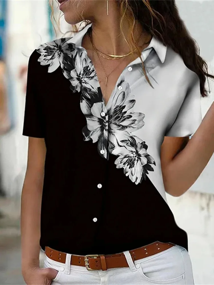 2024 Women Shirt Floral Flower 3D Print Y2k Streetwear Black Elegant Short Sleeve Blouse Button Tops Office Ladies Collar Shirts