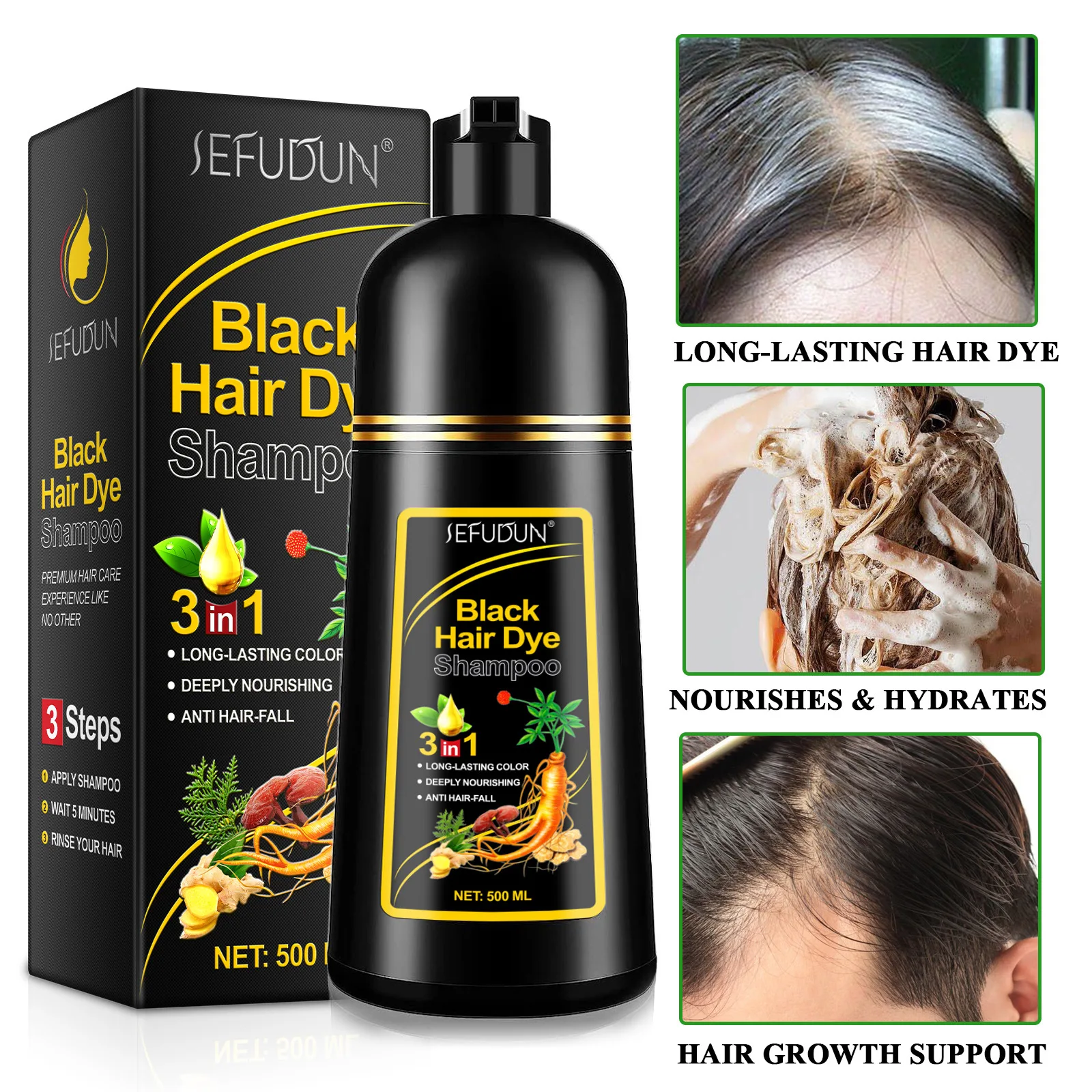 

500ml Hair Dye Shampoo 3in1 Darkening Hairs Instant Gray To Black Polygonum Ginger Lucidum White Hair Dyed Black Repair Hair