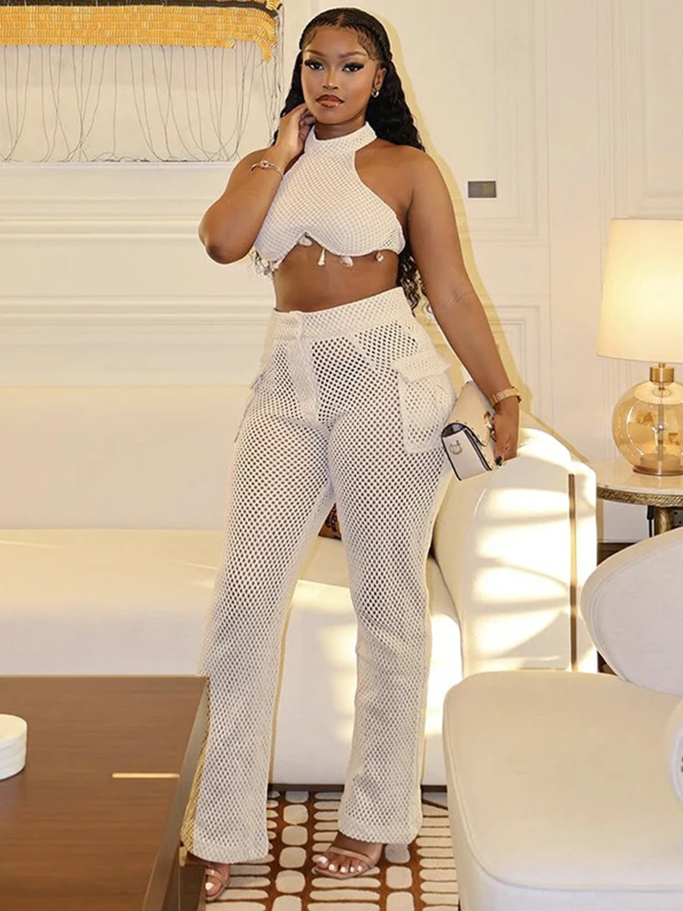 Roupas femininas de verão novo conjunto de duas peças streetwear sexy halter topo e calça conjunto malha transparente outifts atacado dropshipping