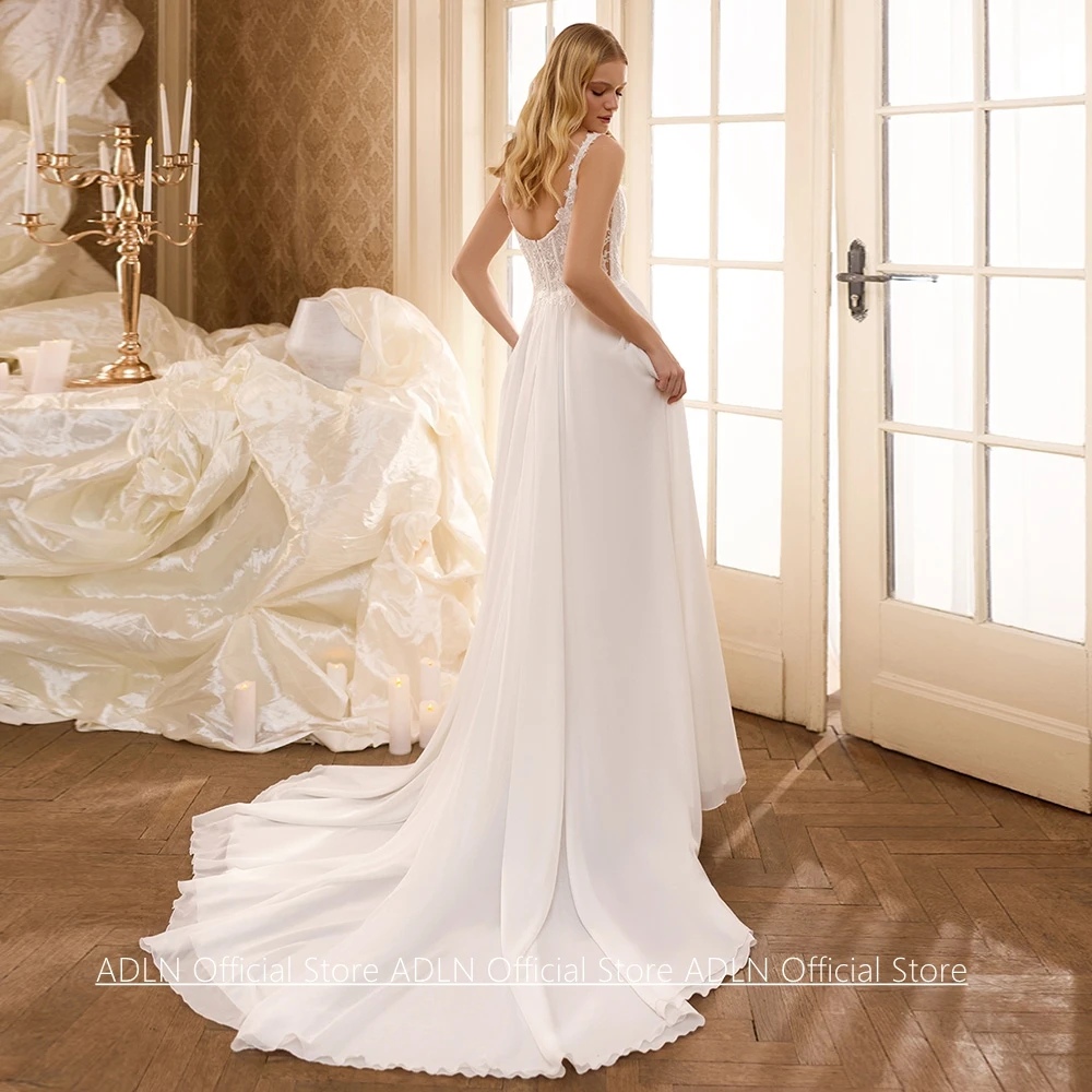 Customized Wedding Dress for Bride New Arrival Scoop Neck Sleeveless Sequined Applique Chiffon Slit Bridal Dresses