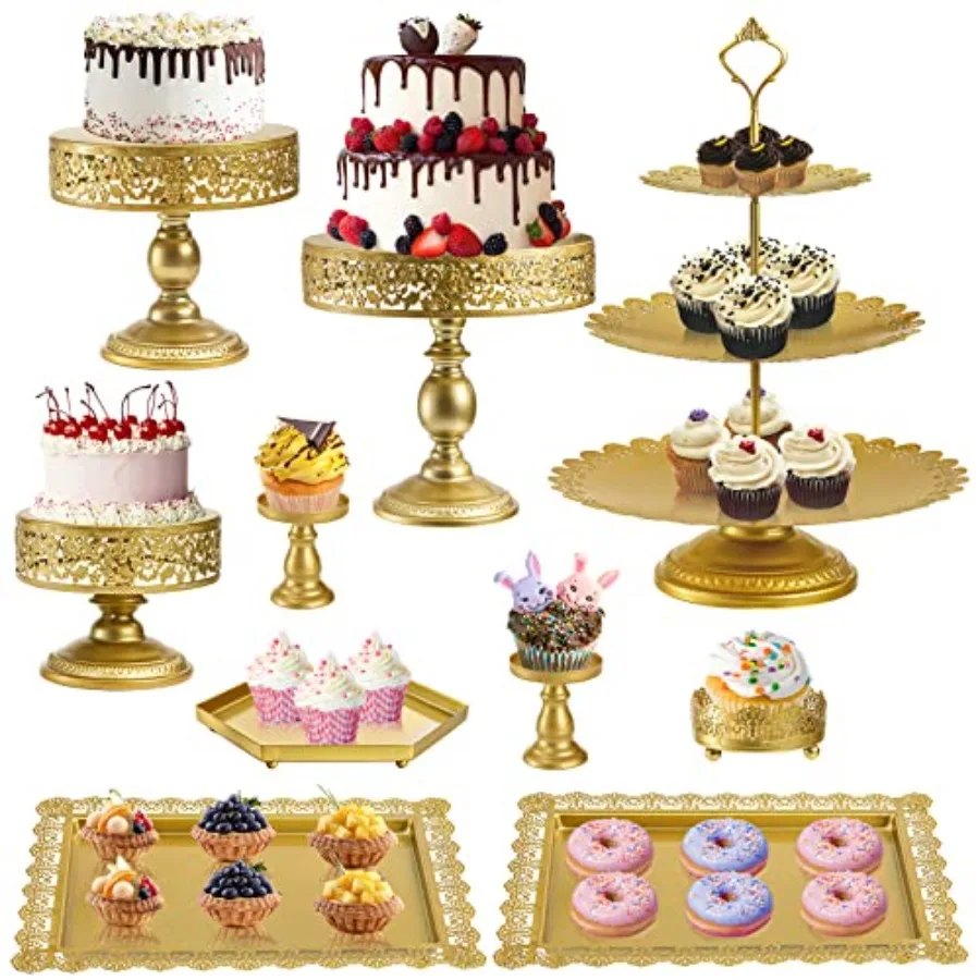 

10 Pieces Gold Metal Cake Stand Set Cupcake Holder Pastry Candy Fruits Serving Plate Gold Dessert Table Stands and Trays Set fo