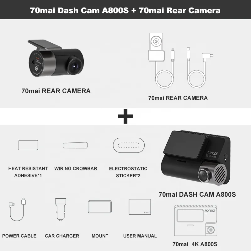 Original 70mai Dash Cam 4K A800S-1 Built-in GPS with ADAS Dual Channel Recording dvr recorder dashcamera for cars