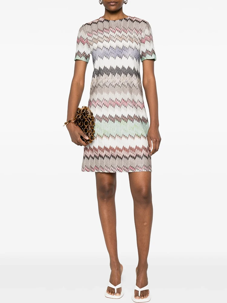 Summer Fashion Party Sawtooth Pattern  Vintage Knee-Length Pencil Dress Women's O-Neck Short Sleeve High Waist Slim Dresses