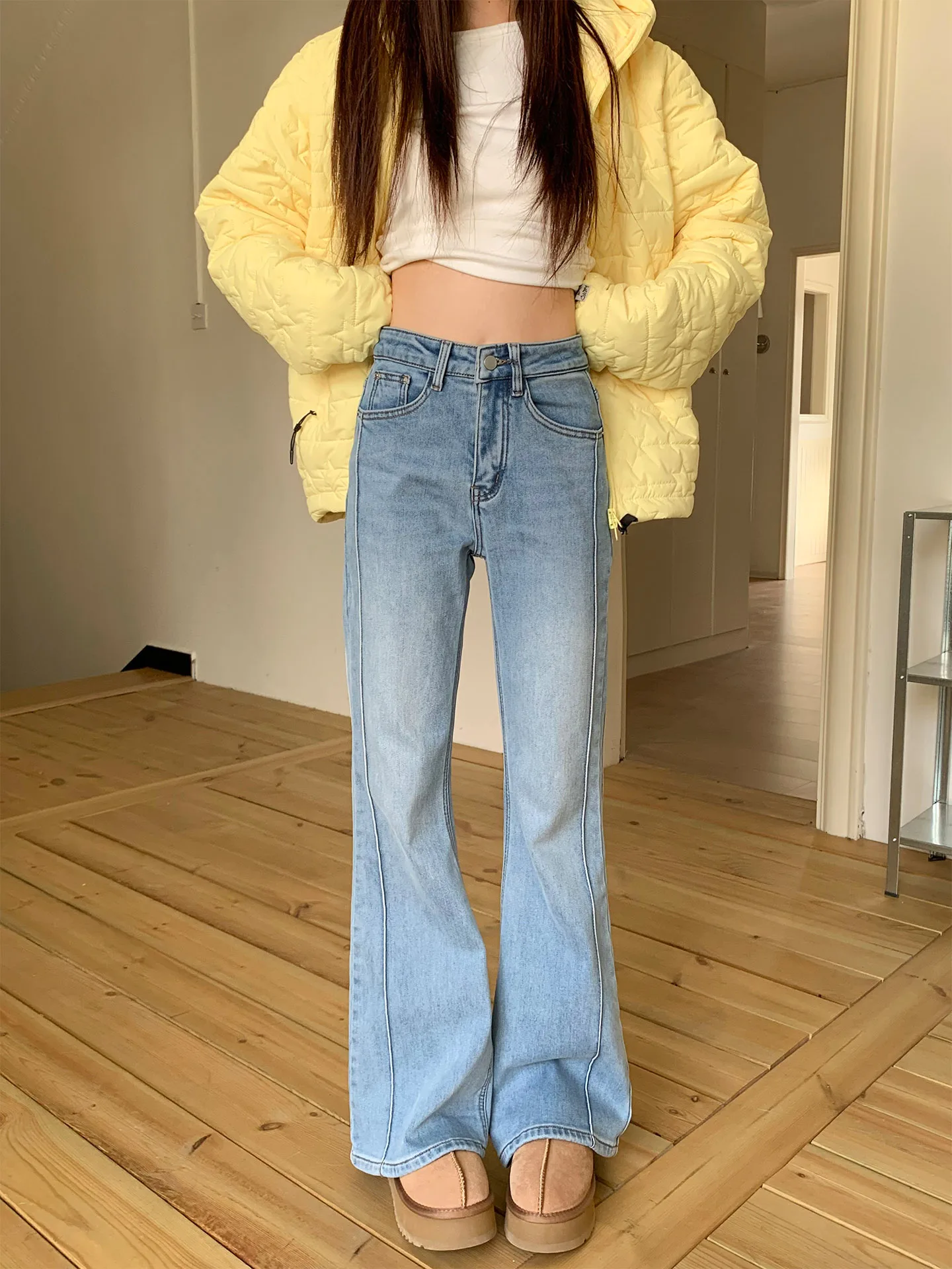 

Retro High Waist Fce Lined Flared Jeans Women's Winter Straight Leg Pants Orange Tree Design Five Sles to Choose from