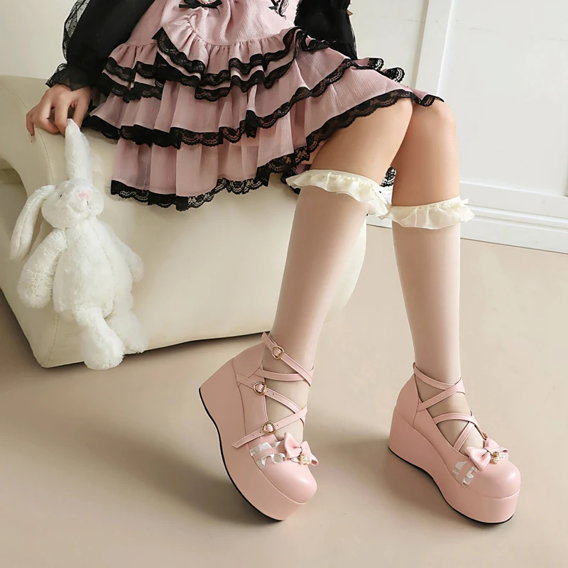 

Sweet Girls Lolita Shoes Women's Mary Janes High Heels Princess Wedges Pumps Fashion Cute Bow Platform Party Wedding Shoes 44 45