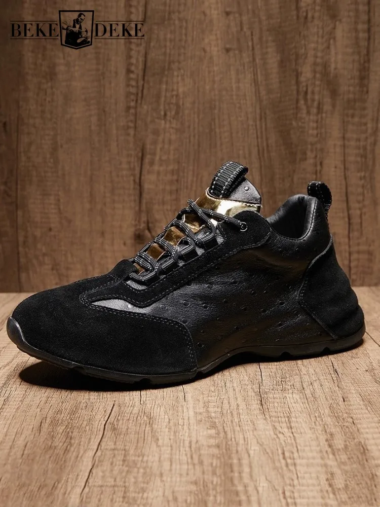 Mens Casual Shoes Suede Spliced Genuine Leather Sneakers Lace Up Autumn New Breathable Comfortable Fashion Platform Shoes Male