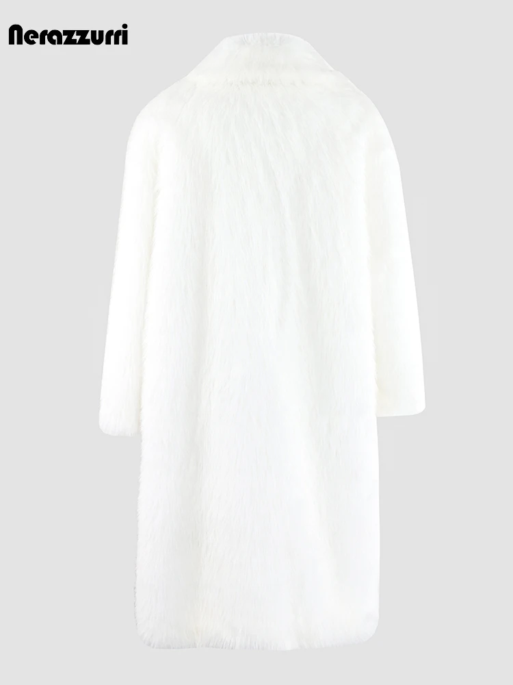 Nerazzurri Winter Long Oversized White Thick Warm Soft Fluffy Faux Fur Coat Women Double Breasted Loose Casual Korean Fashion