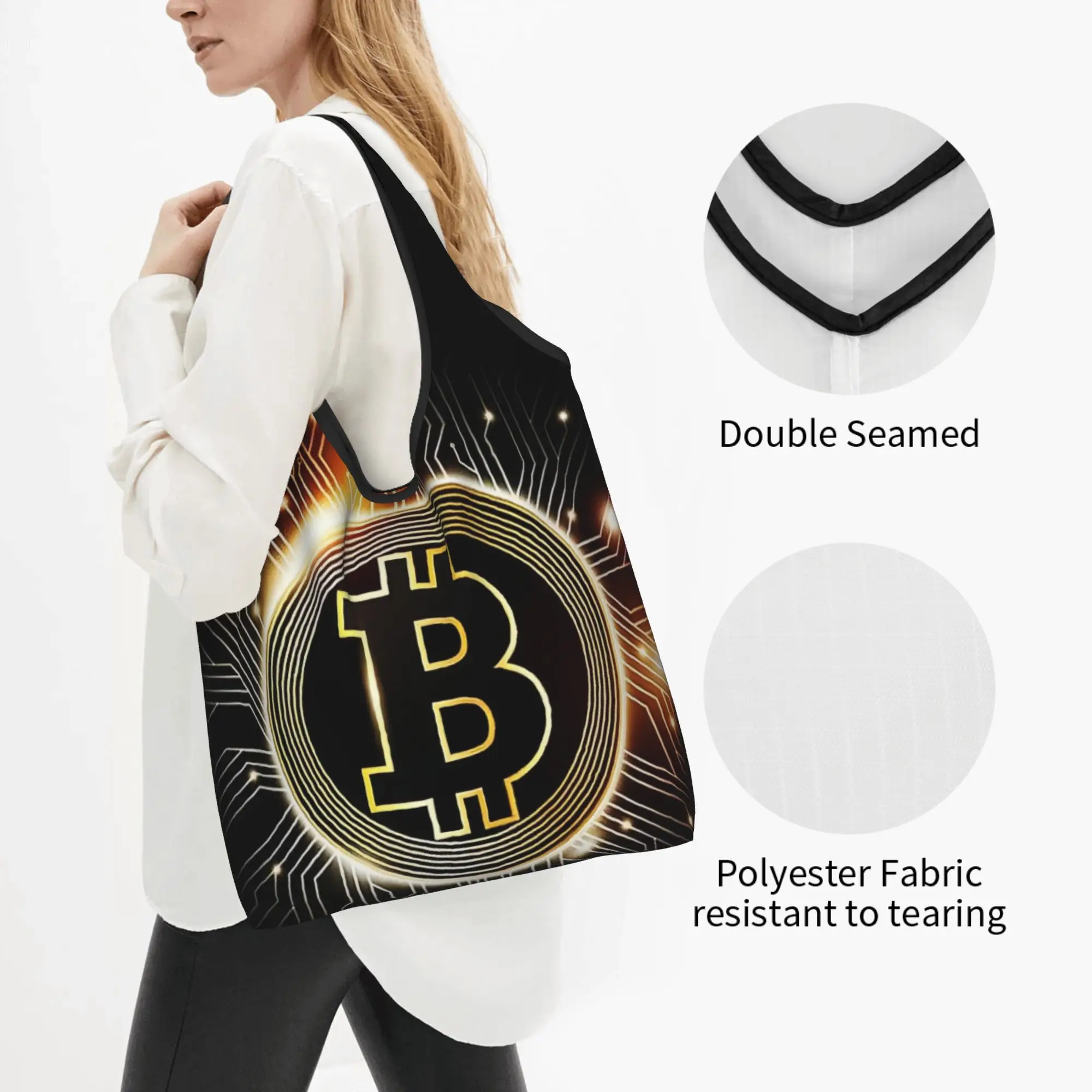 Crypto Virtual Currency Bitcoin  Grocery Shopping Tote Bags Women Kawaii  Shopper Shoulder Bags Large Capacity Handbags