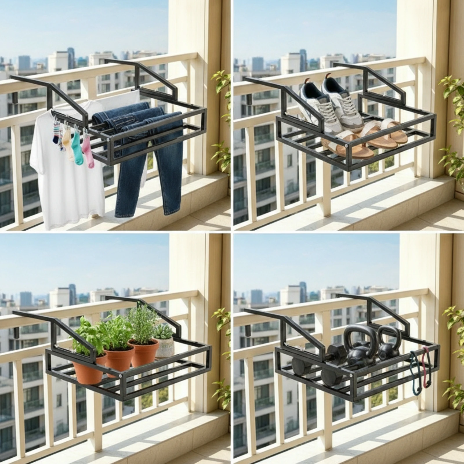 Balcony Drying Rack Wall-Mounted Hanging Rack with Guard Rails Railing Organizer Space-Saving Heavy-Duty for Apartment Dwellers