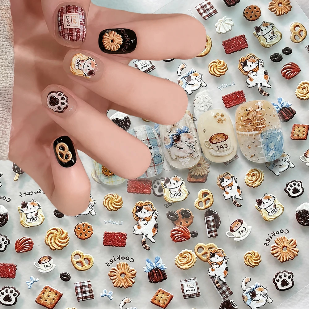 5D Embossed Cute Cat Cookies Baking Nail Sticker Chocolate Ice Cream Biscuit Dessert Self-adhesive Nail Decals Kawaii Nail Decor