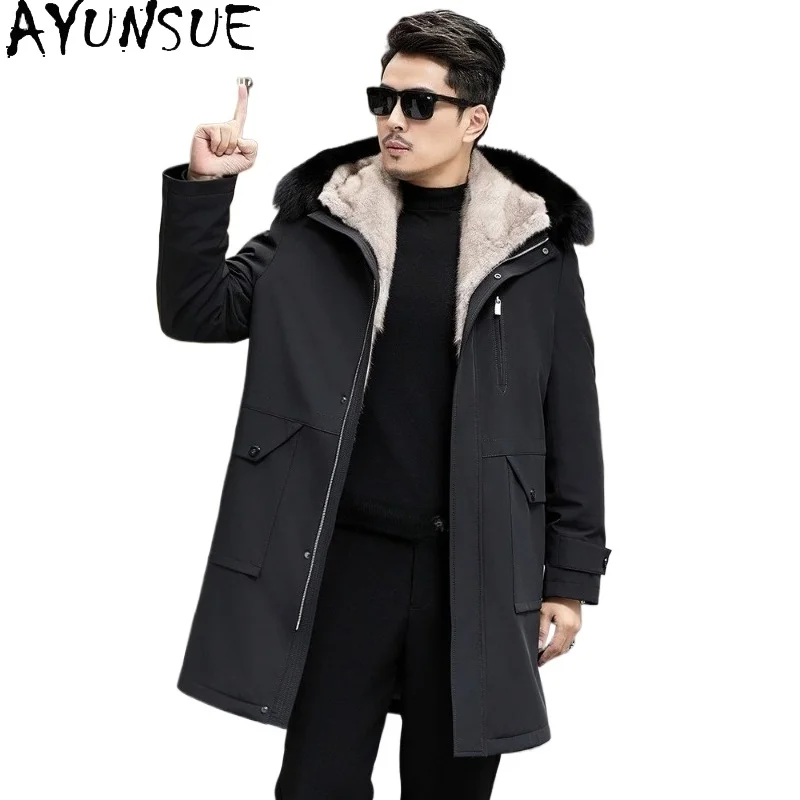 

AYUNSUE Real Fur Parkas Men's Clothing Luxury Winter Detachable Mink Fur Liner Jacket Natural Fur Coat Fox Collar Long Overcoat