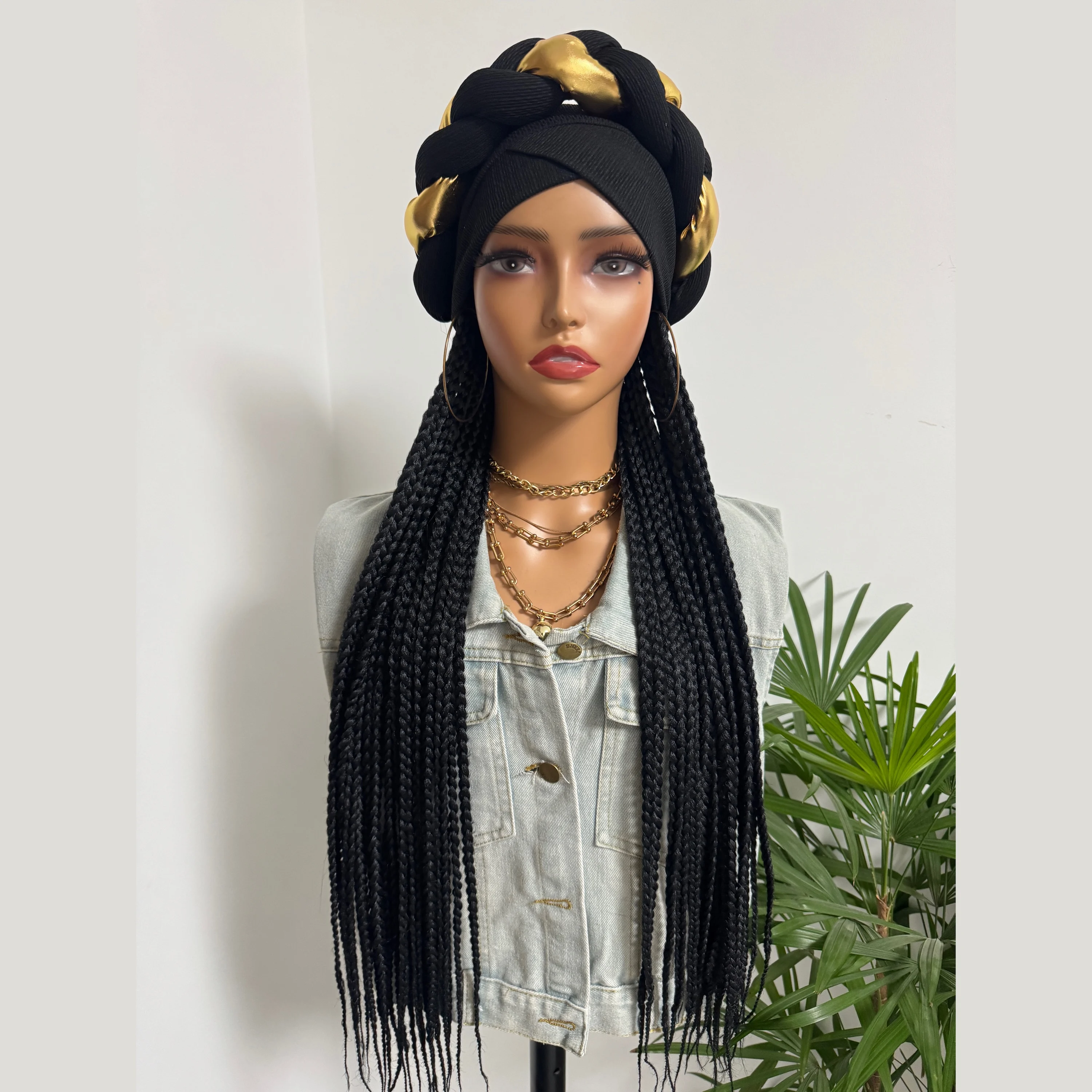 WIGERA Long 24Inch Synthetic Black Box Braided With Black Blonded Headband Turban Hat Box Braiding Hair Extensions For Women