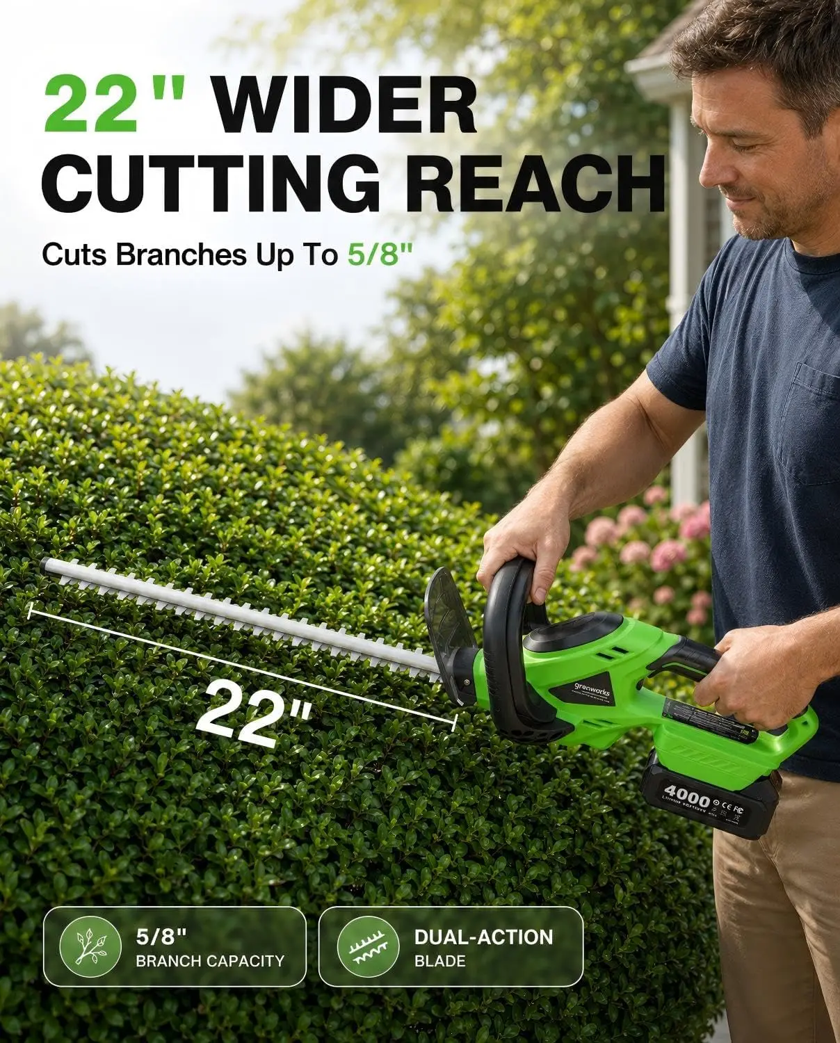 22-Inch Cordless Hedge Trimmer, 20V Electric Bush Trimmer with 2 Batteries