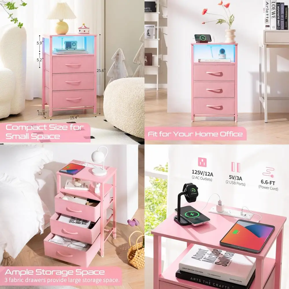 

Night Stand with Charging Station, 16 Colors LED Nightstand with USB Ports and Outlets, End Table with 3 Fabric Drawers and Stor