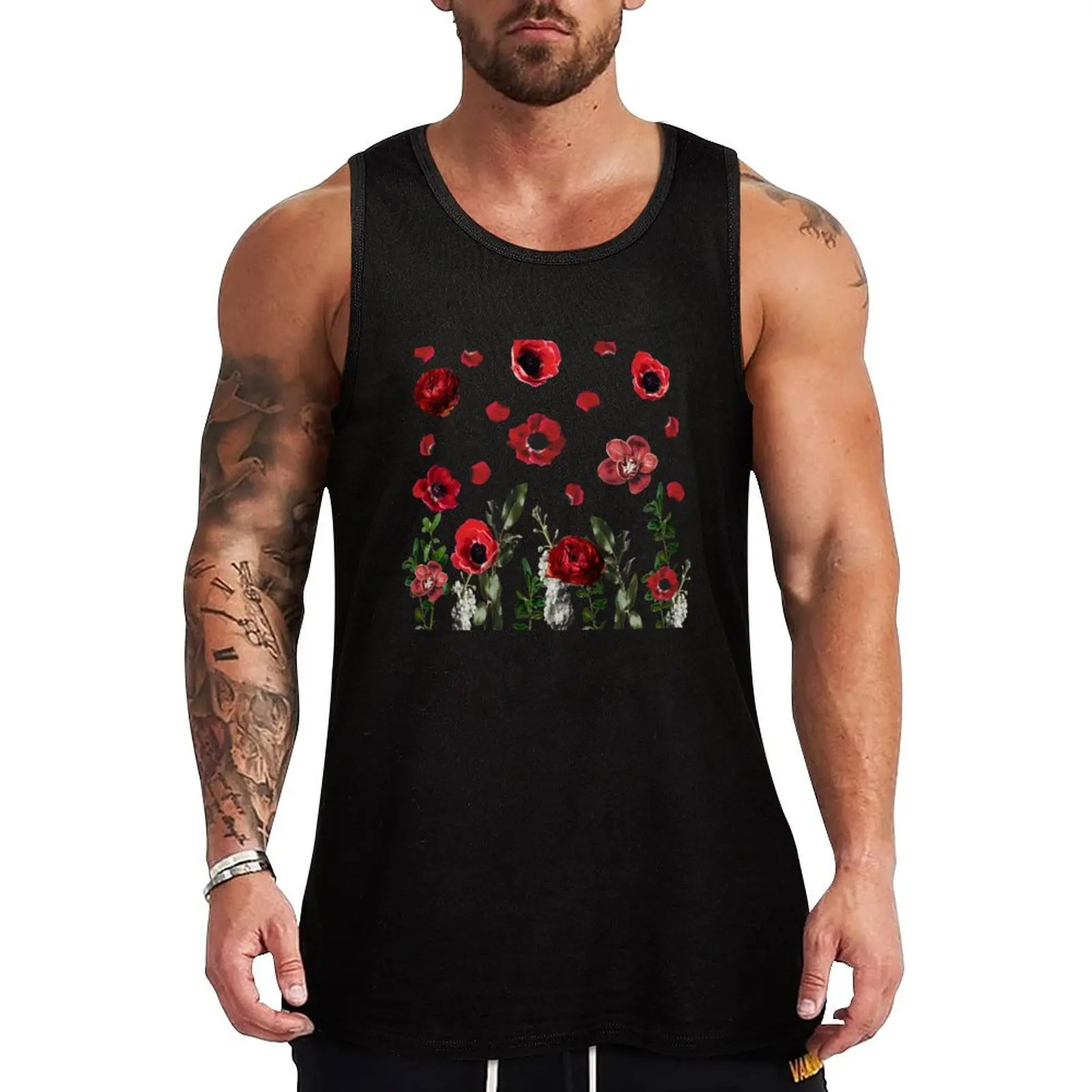 

Modern Red Flowers, Petals and Green Leaves Tank Top sports t-shirts for men bodybuilding men singlets for men