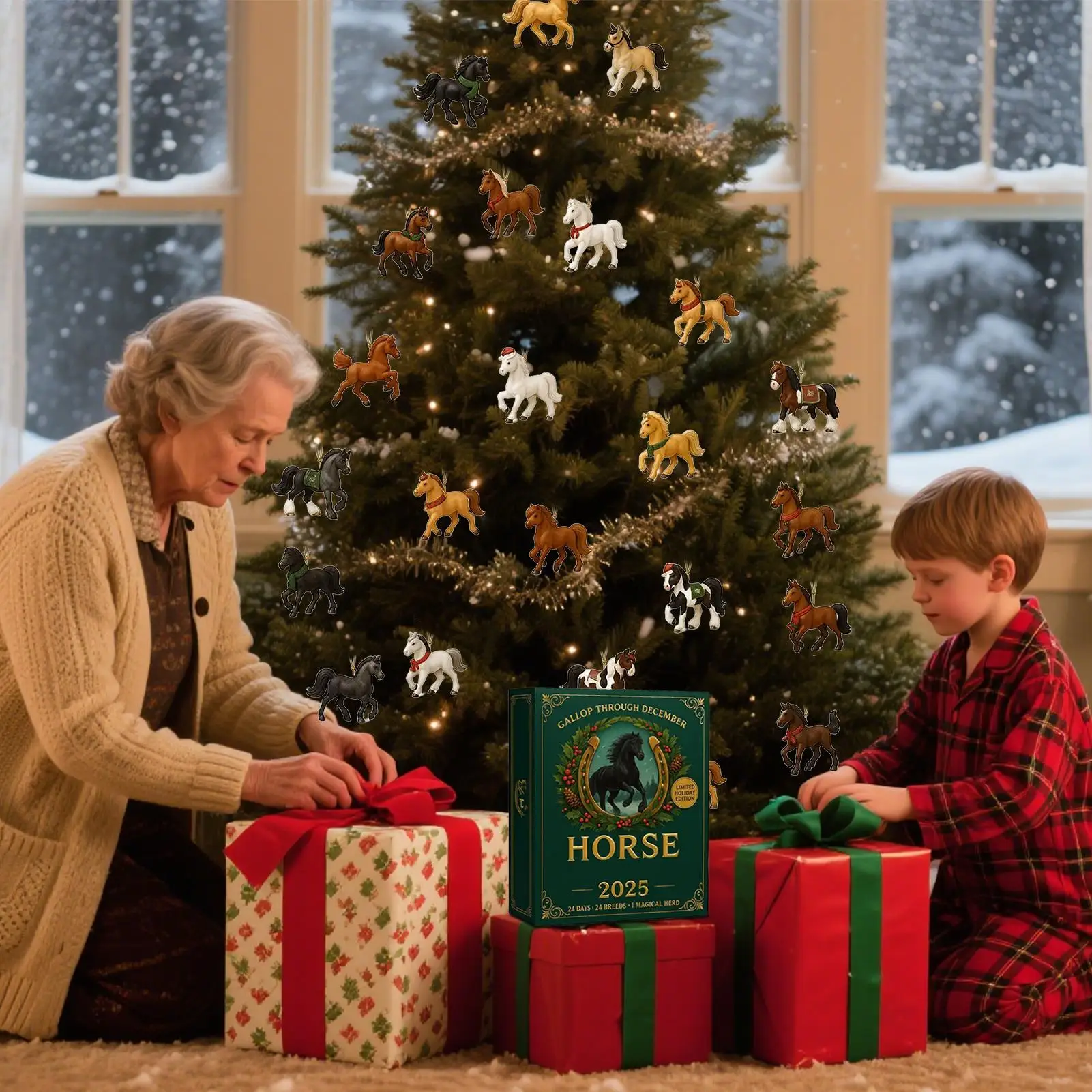 Calendario de cuenta regresiva de Navidad de 24 días, coleccionar 24 piezas 2D mini razas de caballos 2025 colgante de caballo calendario de Adviento amantes de los ecuestres