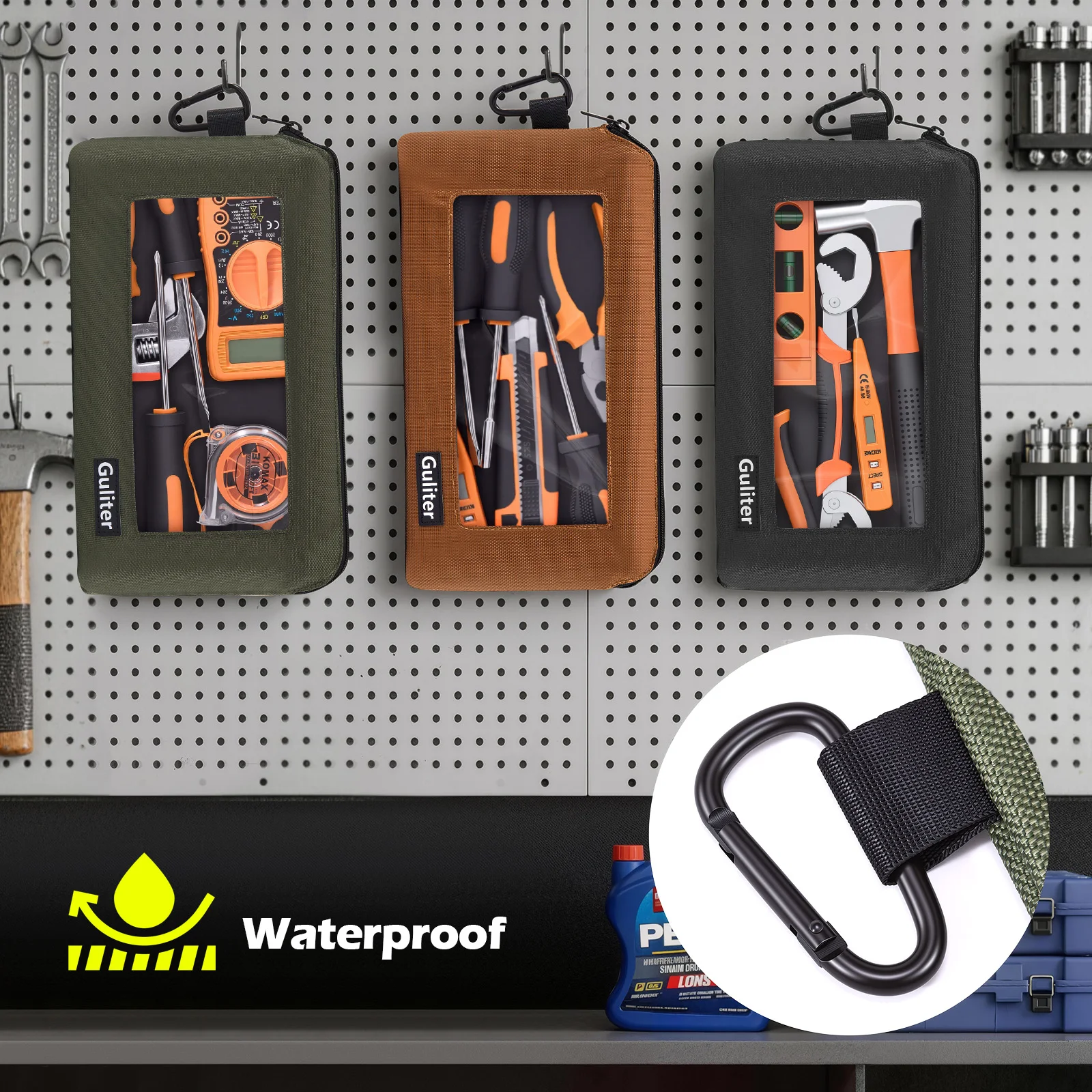 Multi-Purpose Tool Pouch 3 Pack,Zipper Tool Bag 1680D Oxford Cloth,Clear PVC Window with Carabiner Clip,12 Inch