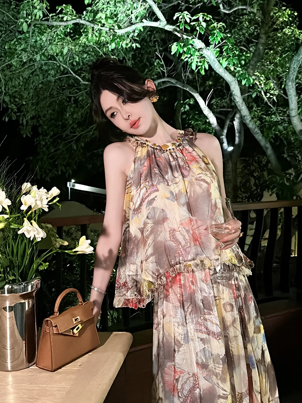 

XiaoXiao Yu Monet Blooming Lightweight iny Tead Retro Casual A-Line Svel Top f Skirt Faionable Women Set