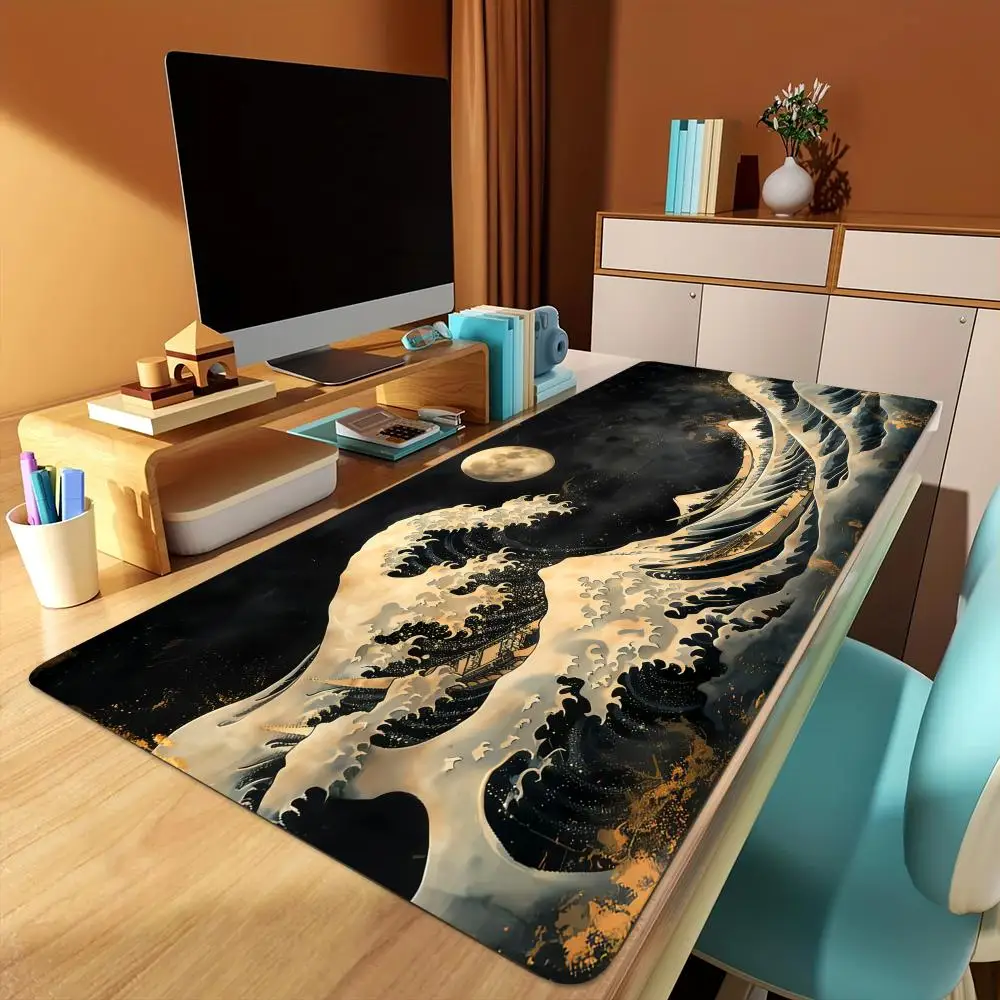 

Full moon and wave design large Mouse Pad Desk Mat Gaming pad Non-Slip Stitched Edge Keyboard mousemat office rug muismat