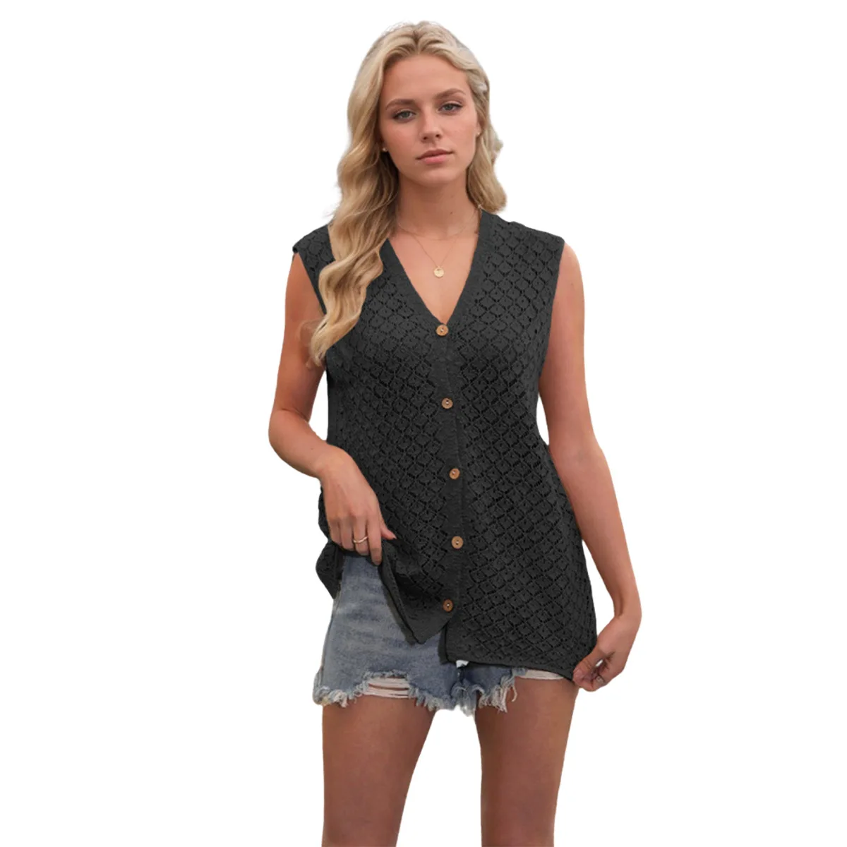 2025 neue Mode Sommer Amerikanischen frauen Einfarbig Casual Trendy V-ausschnitt Ärmellose Single-taste Gestrickte Shirts Weibliche Kleidung