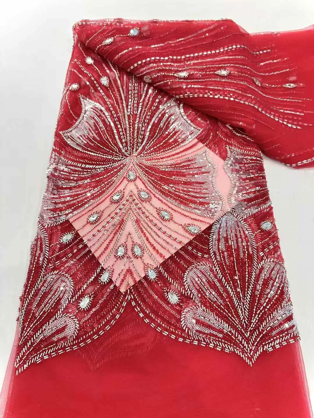

French Lace Rhinestone Beaded Fabric Latest 2025 Nigerian Tulle Lace Fabric Sequins For Sew Evening Party Dresses Women 5 Yards