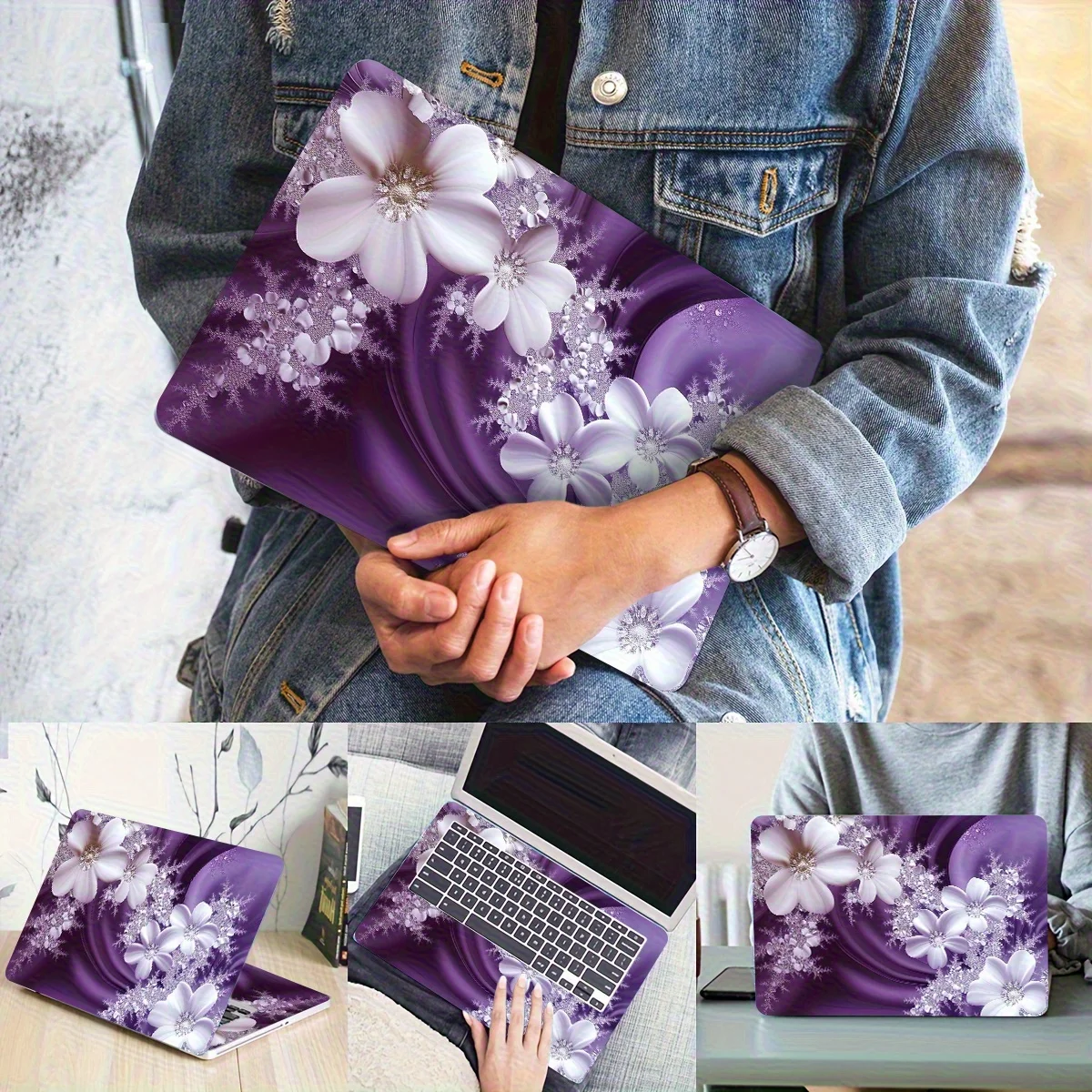 2Pcs Floral Pattern Laptop Sticker Protective Case - Waterproof and Scratch Resistant, Non-Reusable PVC Light Purple Sticker,