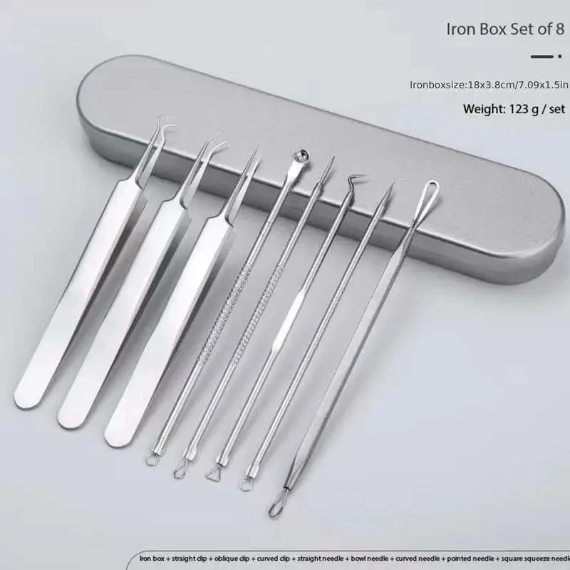 8ピースステンレススチールのにきび除去ツールセット、収納ボックス、にきびクリップピンセット、にきび針ツール、美顔器付き