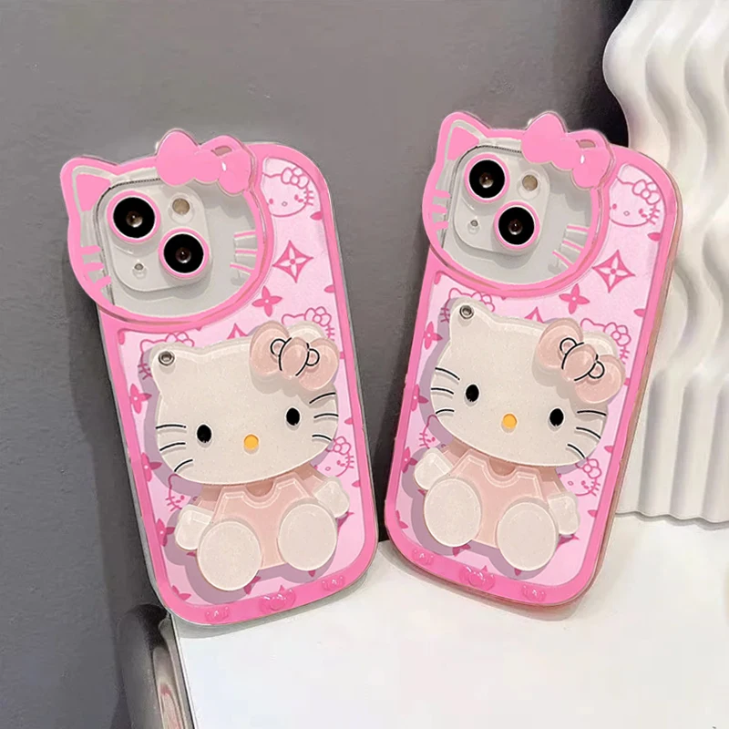 Funda de teléfono con espejo de maquillaje de dibujos animados HelloKitty, Linda funda Rosa KT para IPhone 11, 12, 13, 14, 15 Pro Max, XS, X, XR, 7, 8, 15 Plus, Y2k Girl