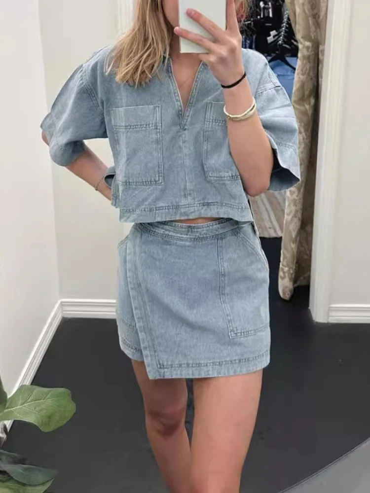 Fashion Blue Denim Skirt Suit Loose 2 Piece Set Short Sleeve with Pocket Shirtand Irregular Skirt Female Street Out 2024 Summer