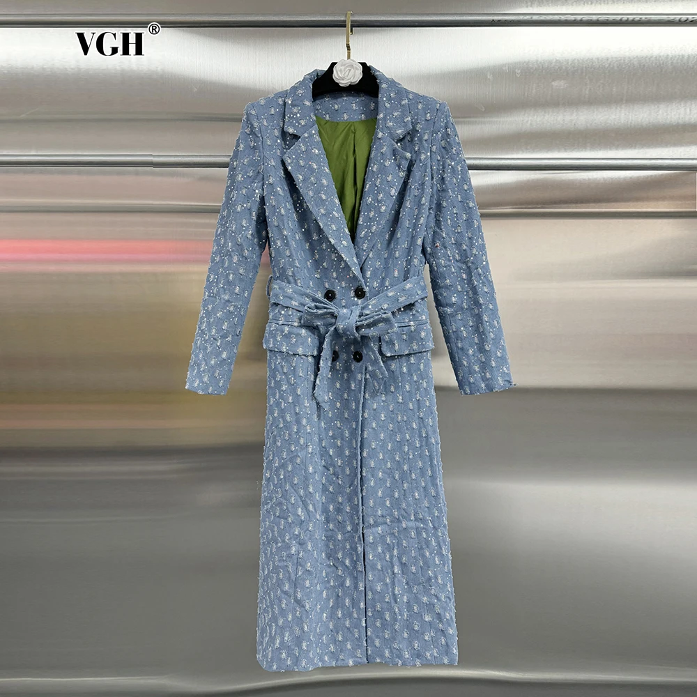 VGH Solid Patchwork Lace Up Women's Hollow Out Denim Trench Lapel Long Sleeve Spliced Breasted Casual Coat Female Autumn Clothes